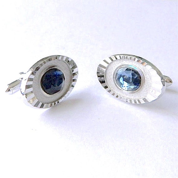 Vintage 1950s Cuff Links Silver and Blue - image 3