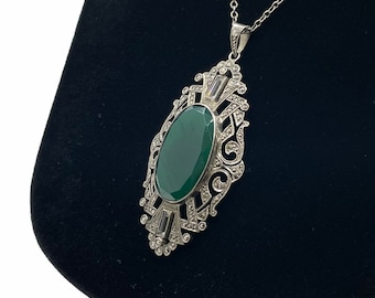 Vintage 1920s Art Deco Chrysoprase Sterling Silver Pendant Necklace