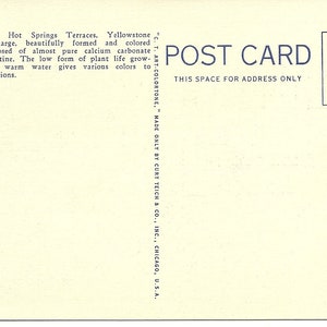 May include: A vintage postcard featuring a photo of Mammoth Hot Springs Terraces in Yellowstone National Park. The postcard has a blue border and text that reads "POST CARD" and "PLACE ONE CENT STAMP HERE".