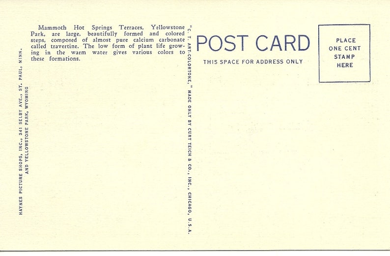 May include: A vintage postcard featuring a photo of Mammoth Hot Springs Terraces in Yellowstone National Park. The postcard has a blue border and text that reads "POST CARD" and "PLACE ONE CENT STAMP HERE".