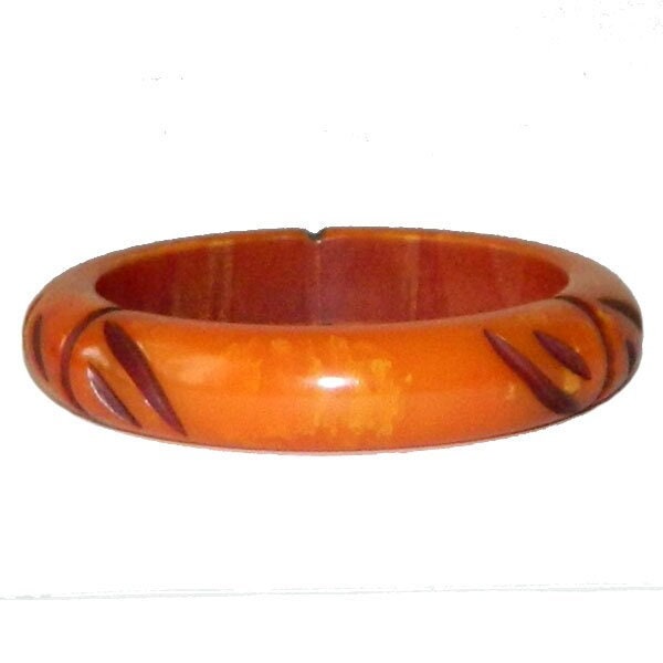 Bracelet Jonc En Bakélite Vintage - Couleurs Jaune, Orange, Marron - Style Rétro - Occasion Bon État