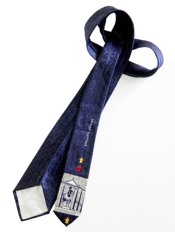 Vintage 1950s Blue and Red Brocade Tie - image 3