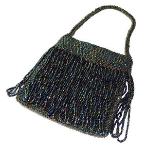 Vintage Beaded Fringe Handbag Green Iridescent Beads