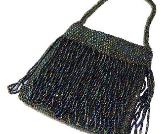 Vintage Beaded Fringe Handbag Green Iridescent Beads