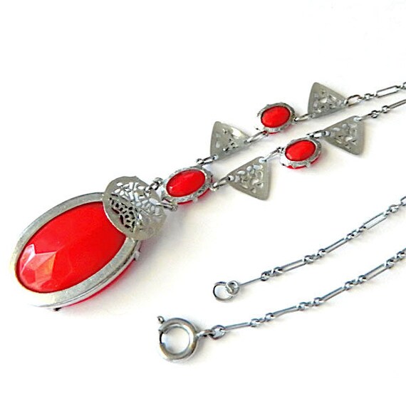 Antique 1920s Art Deco Filigree Red Pendant Neckl… - image 3