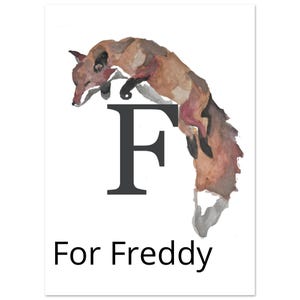 Letter F with watercolour fox desigb. Hand painted alphabet, Personalise with own name perfect for name sign or nursery wall art. image 1