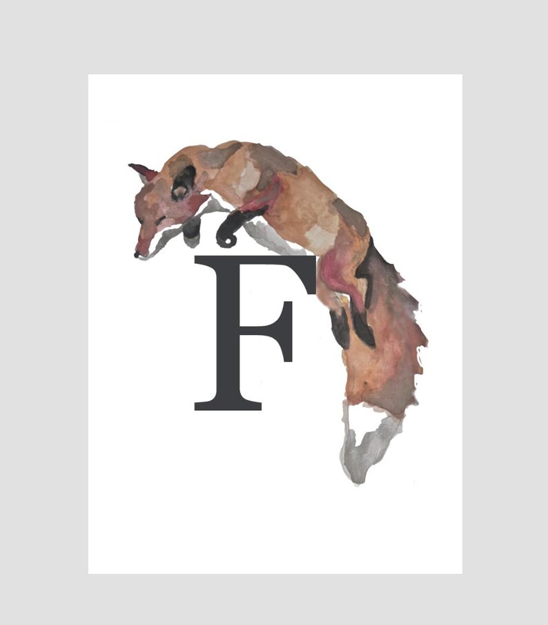 May include: Watercolor illustration of a fox in shades of brown, black, and red, positioned above a large, dark gray letter "F" on a white background. The fox appears to be leaping or falling, with its tail extended.