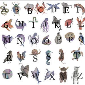 May include: Watercolor alphabet art featuring various animals, each paired with a letter. The illustrations include a snake, beetle, crab, dragonfly, elephant, and more, all in vibrant colors. The letters are in a bold, black font.