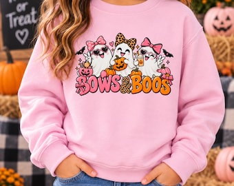 Girls Halloween Sweatshirt, Bows and Boos Sweatshirt, Cute Ghost Shirt for Girls, Pink Halloween Sweatshirt, Kids Halloween Crewneck