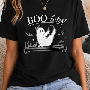 BOO-lates Halloween Pilates and Coffee Shirt, Funny Ghost Pilates Tee, Spooky Workout Shirt, Reformer Lover Gift, Pilates Halloween Tee