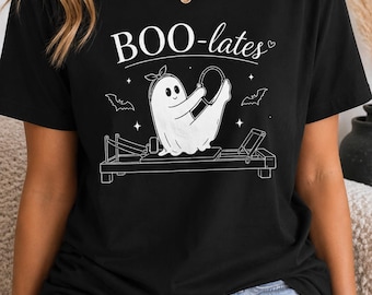 BOO-lates Halloween Pilates and Coffee Shirt, Funny Ghost Pilates Tee, Spooky Workout Shirt, Reformer Lover Gift, Pilates Halloween Tee