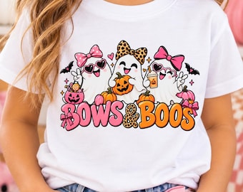 Girls Halloween shirt, Bows and Boos Tee, Cute Ghost Shirt for Girls, Pink Halloween Tshirt, Kids Halloween tee