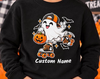 Personalized Kids Halloween Sweatshirt, Custom Name Ghost Sweatshirt, Boy Halloween Shirt, Cute Trick or Treat Ghost, Kids Fall Sweater