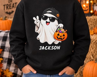 Personalized Kids Halloween Sweatshirt, Custom Name Ghost Sweatshirt, Boy Girl Halloween Shirt, Cute Trick or Treat Ghost, Kids Fall Sweater