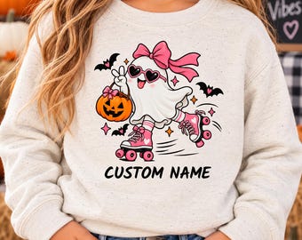 Personalized Kids Halloween Sweatshirt, Custom Name Ghost Sweatshirt, Girl Halloween Shirt, Cute Trick or Treat Ghost, Kids Fall Sweater