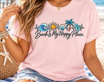 Beach Is My Happy Place Shirt, Beach Lover T-Shirt, Coastal Vacation Tee, Summer Beach Shirt, Ocean Lover Gift, Tropical Graphic Tee