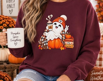 Fall Ghost Sweatshirt | Pumpkin Spice Latte Sweatshirt | Spooky Season Crewneck | Cozy Halloween Sweatshirt | PSL Lovers Gift| Fall Shirt