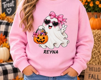 Personalized Kids Halloween Sweatshirt, Custom Name Ghost Sweatshirt, Boy Girl Halloween Shirt, Cute Trick or Treat Ghost, Kids Fall Sweater