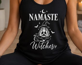 Namaste Witches Yoga Tank Top, Halloween Yoga Shirt, Witchy Workout Tank, Spooky Season Yoga Top, Funny Witch Fitness Gift for Women