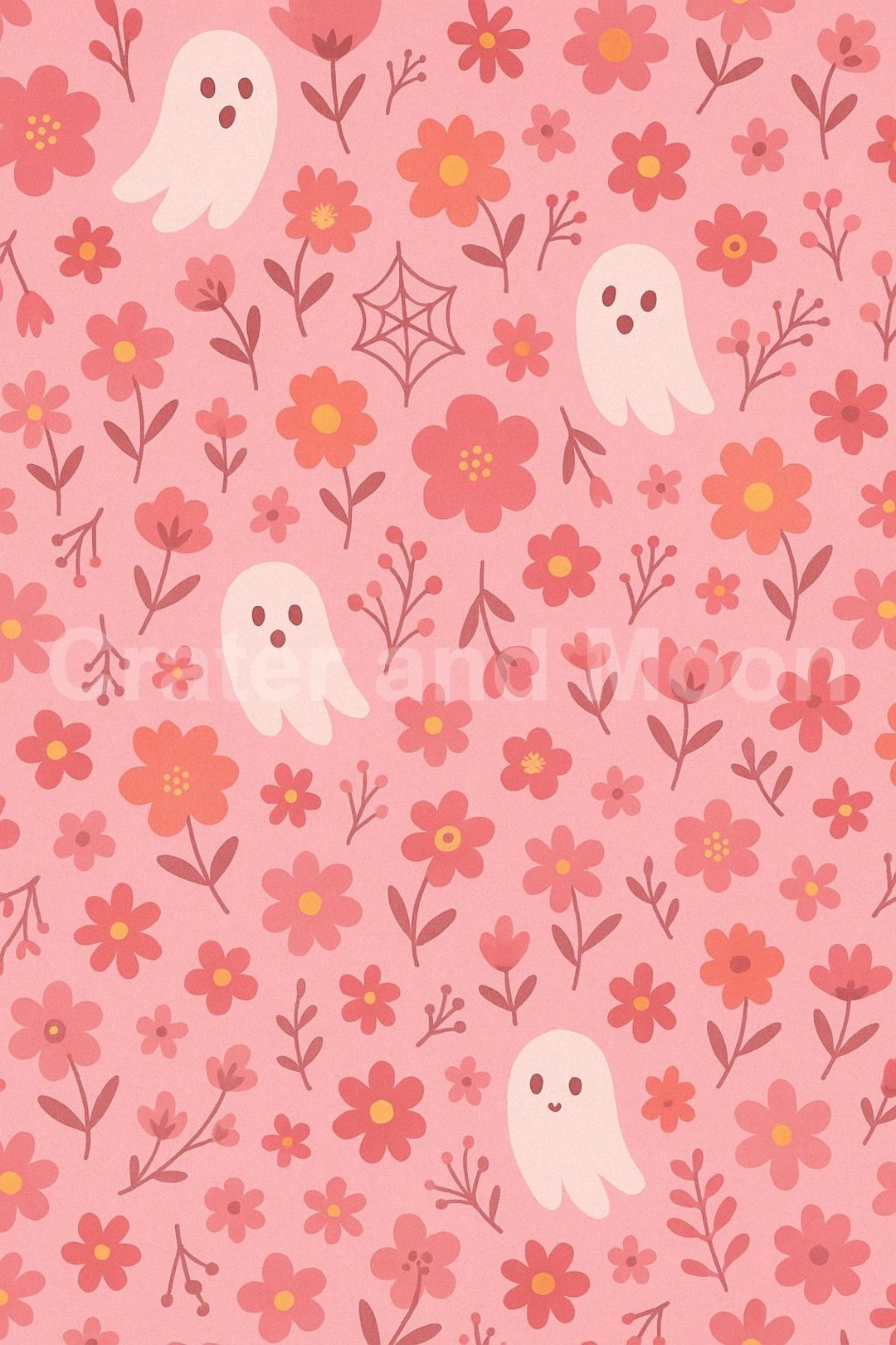 Cute Pink Ghost Floral Seamless Pattern | Kawaii Halloween Digital ...