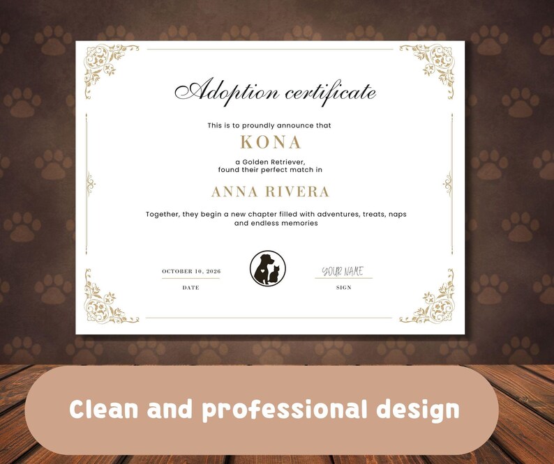 Adopt Signature Pet Adoption Certificate Template | Editable Printable | Custom ...
