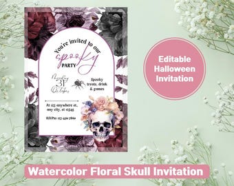May include: A Halloween party invitation with a watercolor floral skull design. The invitation features the text "You're invited to our spooky party" and "Editable Halloween Invitation". The invitation includes the date, time, and RSVP information.