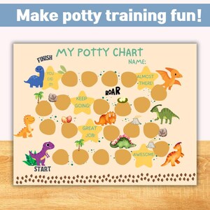 May include: A potty training chart with a light beige background and colourful dinosaur illustrations. The chart includes the text "Make potty training fun!" and "My Potty Chart". The chart has spaces for rewards and motivational phrases like "You did it!" and "Awesome!"