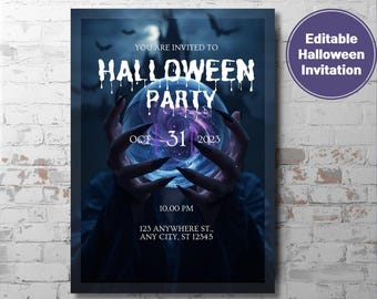 Può includere: Un invito a una festa di Halloween con un tema oscuro e spettrale. Il design presenta una sfera di cristallo tenuta da lunghe mani artigliate, con il testo "Halloween Party" e la data "Oct 31 2023". Include indirizzo e ora.