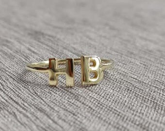 14K Gold Double Initial Ring, Tiny Personalized Letter Ring, Friendship Ring, Duo Name Stackable Alphabet Ring, Minimal Jewelry