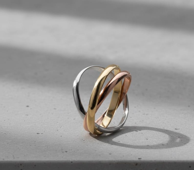 14K Gold Tri Color Rolling Ring Interlocking Trinity Band Russian Style ...
