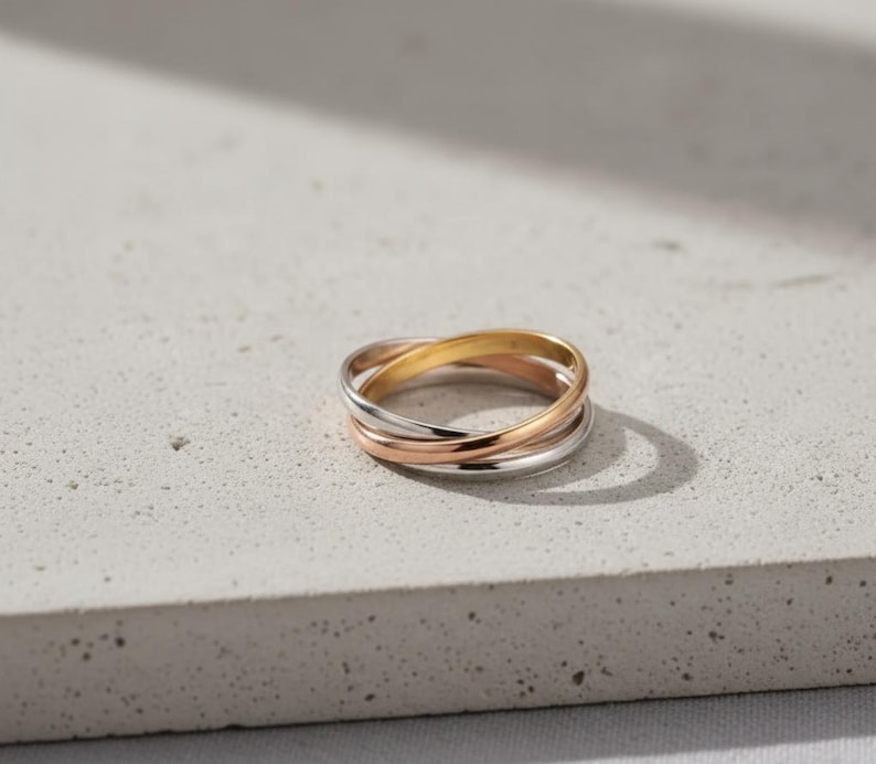 14K Gold Tri Color Rolling Ring Interlocking Trinity Band Russian Style ...
