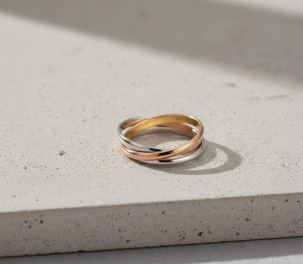 14K Gold Tri Color Rolling Ring Interlocking Trinity Band Russian Style ...