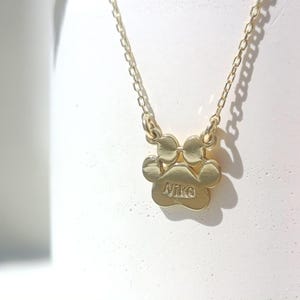 May include: Gold-coloured necklace featuring a paw print pendant. The pendant is inscribed with the name "Nike". The necklace is shown against a white backdrop, accentuating the jewellery's features.