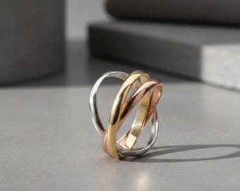 14K gouden driekleurige rollende ring in elkaar grijpende Trinity-band Russische spinner fidgetring
