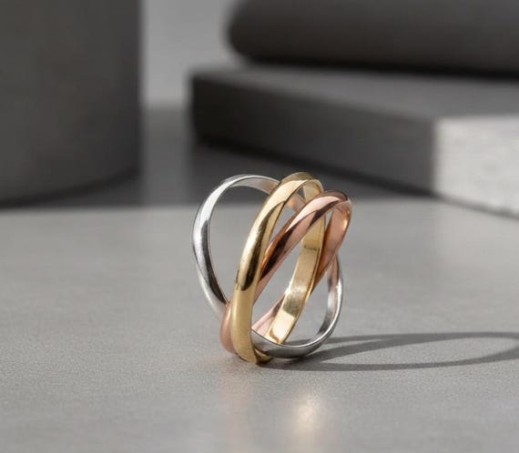 14K Gold Tri Color Rolling Ring Interlocking Trinity Band Russian Style Spinner Fidget Ring