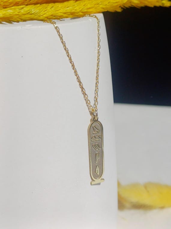 14K Gold Hieroglyph Cartouche Necklace: Custom Egypt Name Plate