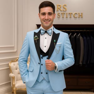 Luxury Sky Blue 3-Piece Tuxedo Suit for Men | Wedding, Prom & Formal Wear | Slim Fit Groom Suit with Black Lapel | Men's Perimum Tuxedo