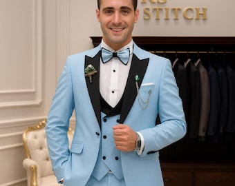 Luxury Sky Blue 3-Piece Tuxedo Suit for Men | Wedding, Prom & Formal Wear | Slim Fit Groom Suit with Black Lapel | Men's Perimum Tuxedo