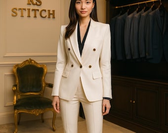 Women’s Tailored White Suit | Elegant Double Breasted Blazer & Pants Set | Luxury Business Formal Outfit | Women Office, Business Outfits