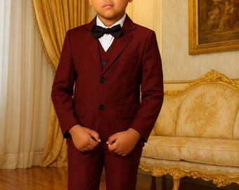 Bordeauxrood kostuum voor jongens | 3-delige formele kinderoutfit | Trouwringdragerkostuum | Tuxedo verjaardagsfeestje | Page Boy-outfit | Luxe RS Stitch-kostuum