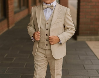 Boys Beige Suit Set | 3 Piece Kids Formal Outfit with Vest, Pants & Bow Tie | Toddler Ring Bearer Suit | Wedding, Birthday, Party Outfit