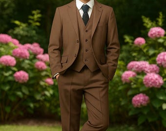Boys Brown 3 Piece Suit | Kids Wedding Suit with Vest & Tie | Formal Outfit for Birthday, Ring Bearer, Party, Communion, Graduation Outfit