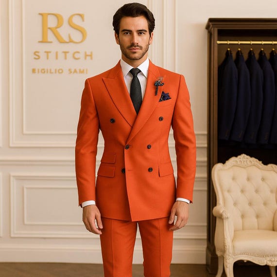 Luxury Orange Double Breasted Men's Suit | Wedding, Prom & Formal Wear | Tailored Slim Fit 2 Piece Blazer Pants Set, Business Suit For Men