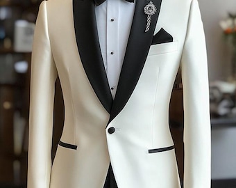 Men’s White Tuxedo Black Lapel | Wedding Suit | Groom Prom Dinner Jacket | 2 Piece Suit | Custom Tailored Formal Wear | Custom Tailored Suit