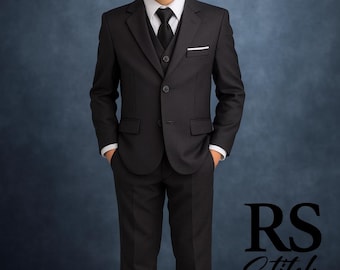 Boys Black 5 Piece Suit | Kids Formal Outfit with Jacket, Vest, Shirt, Pants Tie | Toddler Ring Bearer Outfit | Wedding Birthday Party Suit