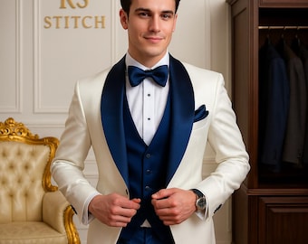 Luxury White & Navy Blue Tuxedo Suit | Men’s Formal Wedding Prom Dinner Jacket | Custom Tailored Groom Suit 3-Piece Set | Men's Tuxedo Vest