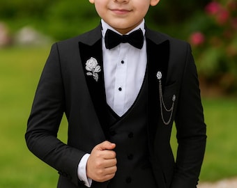 Boys Black Tuxedo Suit | Kids Formal Wedding Outfit | Ring Bearer Suit | Birthday Party Suit for Boys | 5 Piece Boys Dress Suit with Bow Tie