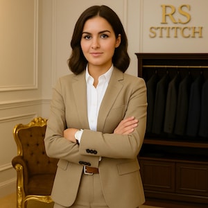 Puede incluir: Una mujer con un traje color beige y camisa blanca. El traje es entallado, con chaqueta y pantalón a juego. El fondo incluye una silla dorada, un armario de madera con trajes y el texto dorado "RS STITCH".