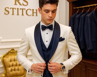 Luxury White Tuxedo Jacket with Navy Trim | Men’s Formal Wedding Suit | Prom, Party & Black Tie Attire | RS Stitch Designer Blazer For Men