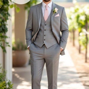 Men&#39;s 3-Piece Gray Suit: Tailored Fit Wedding Business Formal Wear